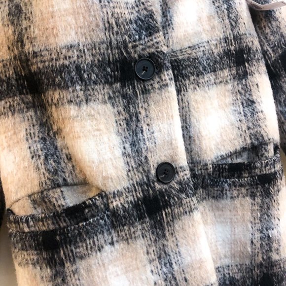 Old Navy Classic Wool Blend Black Cream Plaid V Neck Trench Coat Women's Medium - Picture 4 of 10